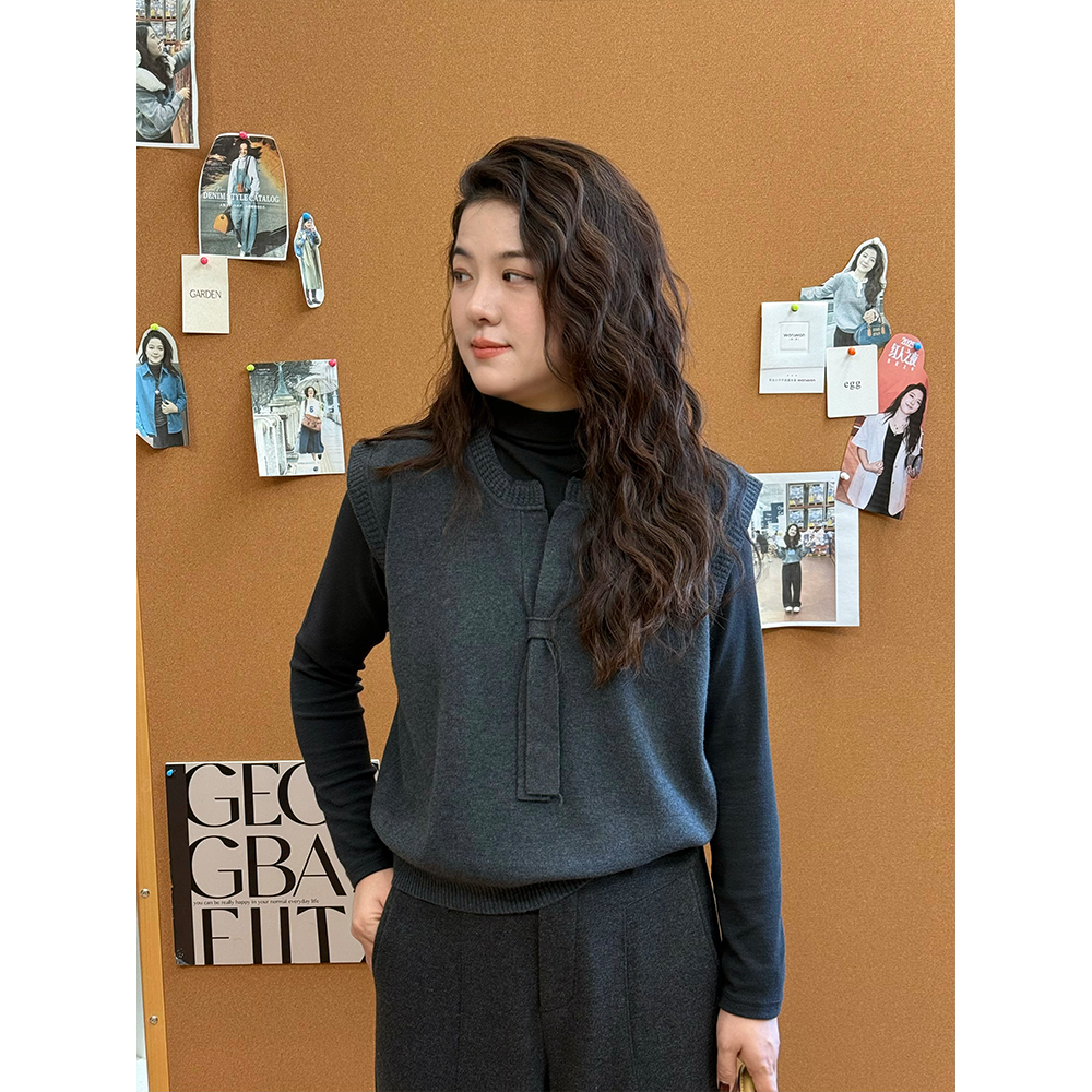 WenWen小个子25秋冬新款针织宽松无袖圆领结马甲背心+打底衫4576