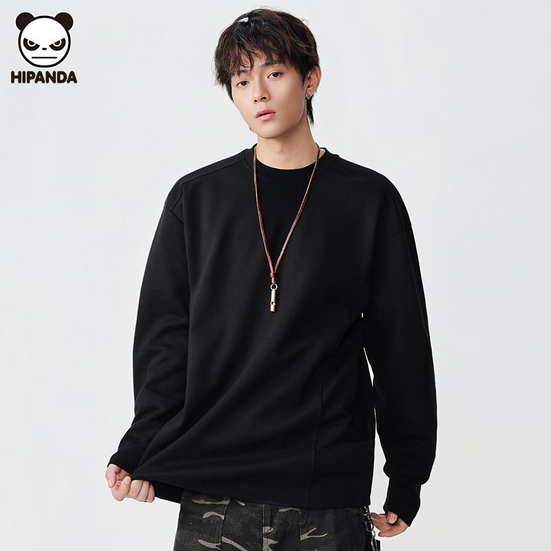 Hi Panda长袖T恤男装宽松重磅圆领秋季纯色简约休闲设计打底上衣
