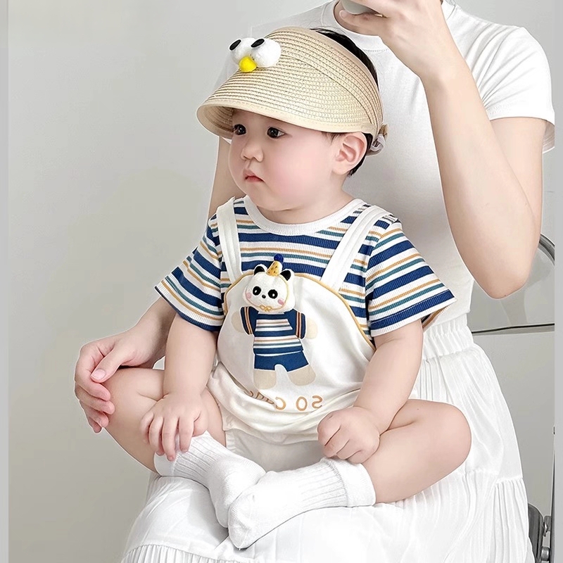 2025新款婴儿短袖连体衣服夏季薄款卡通熊猫宝宝哈衣女新生儿爬服