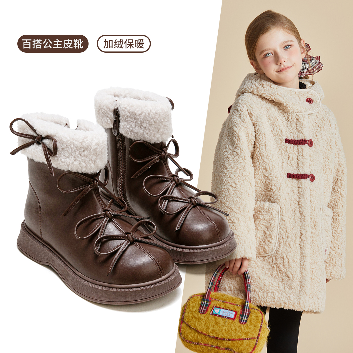 富罗迷儿童靴女童舒适防滑雪地靴时尚洋气百搭加绒中筒皮靴5D9281