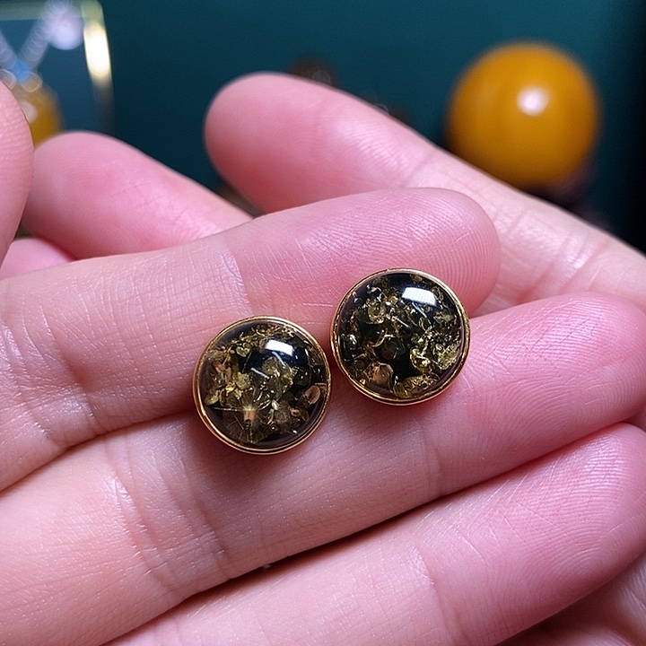 银S925镀金镶嵌绿珀耳饰