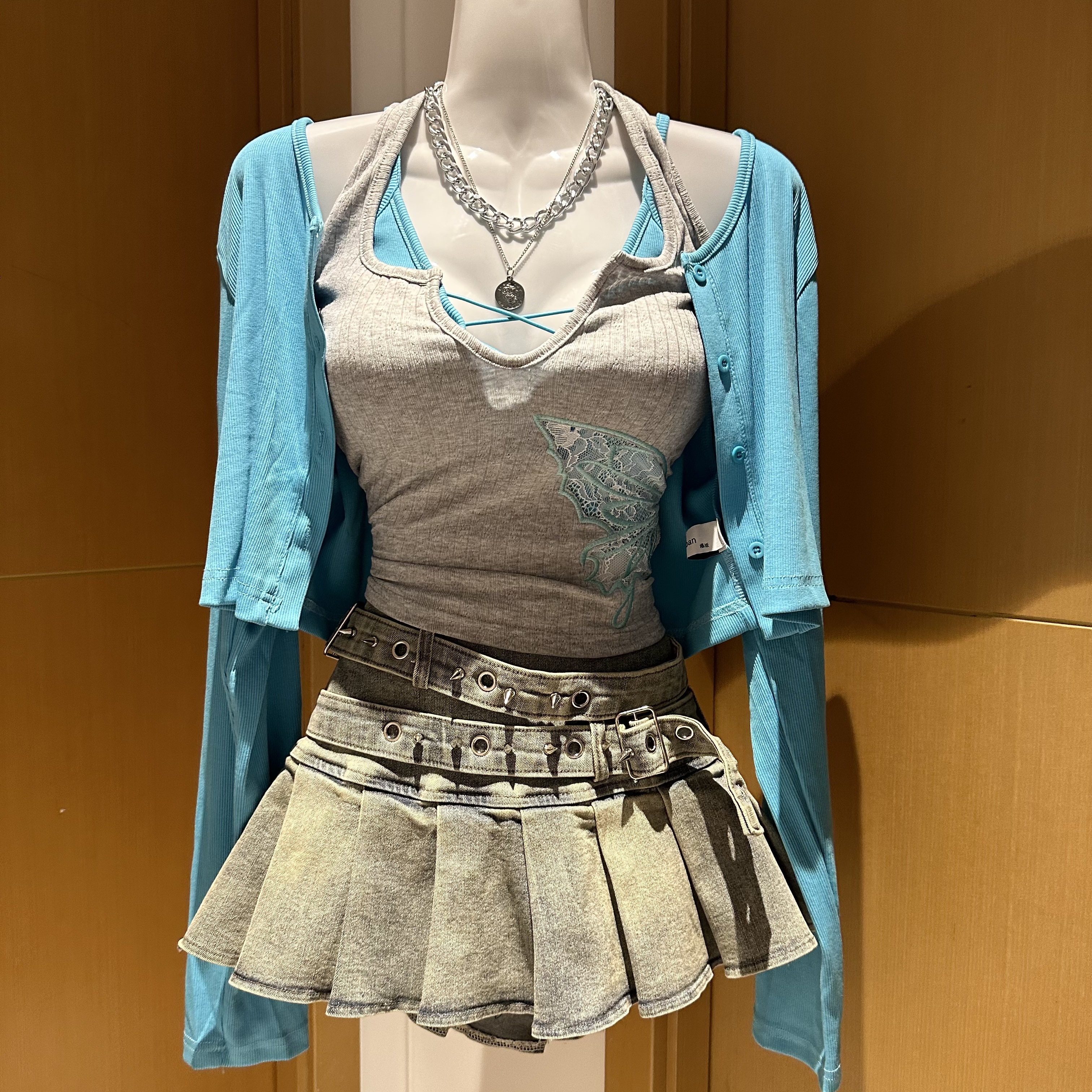 蔚蓝花海上衣牛仔百褶牛仔短裙裙夏季款