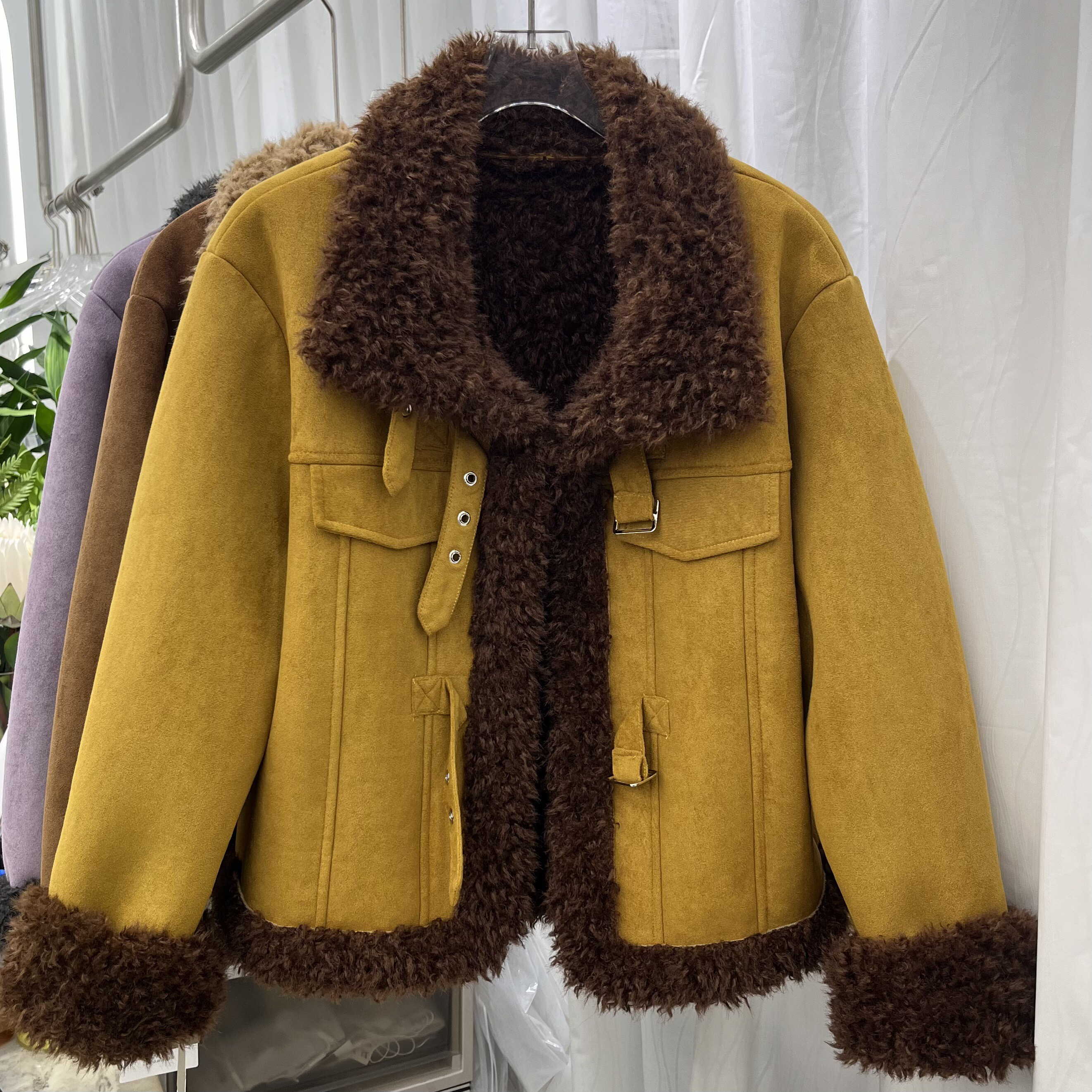 冬季立领加绒加厚麂皮绒复古女短款机车外套