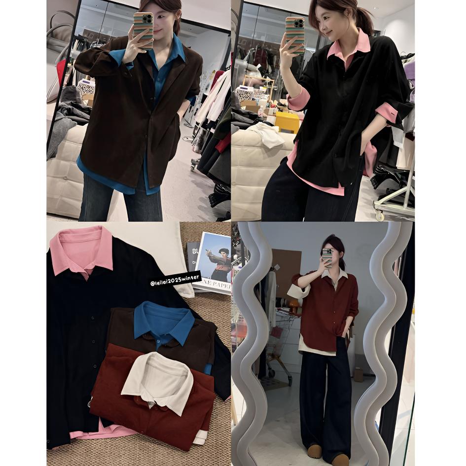 晶咕【双生花！】冬季撞色拼接假两件宽松衬衫外套
