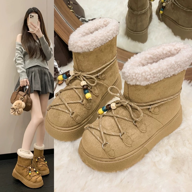 厚底雪地靴女2025新款冬季增高加绒加厚短靴保暖棉鞋美拉德毛毛鞋