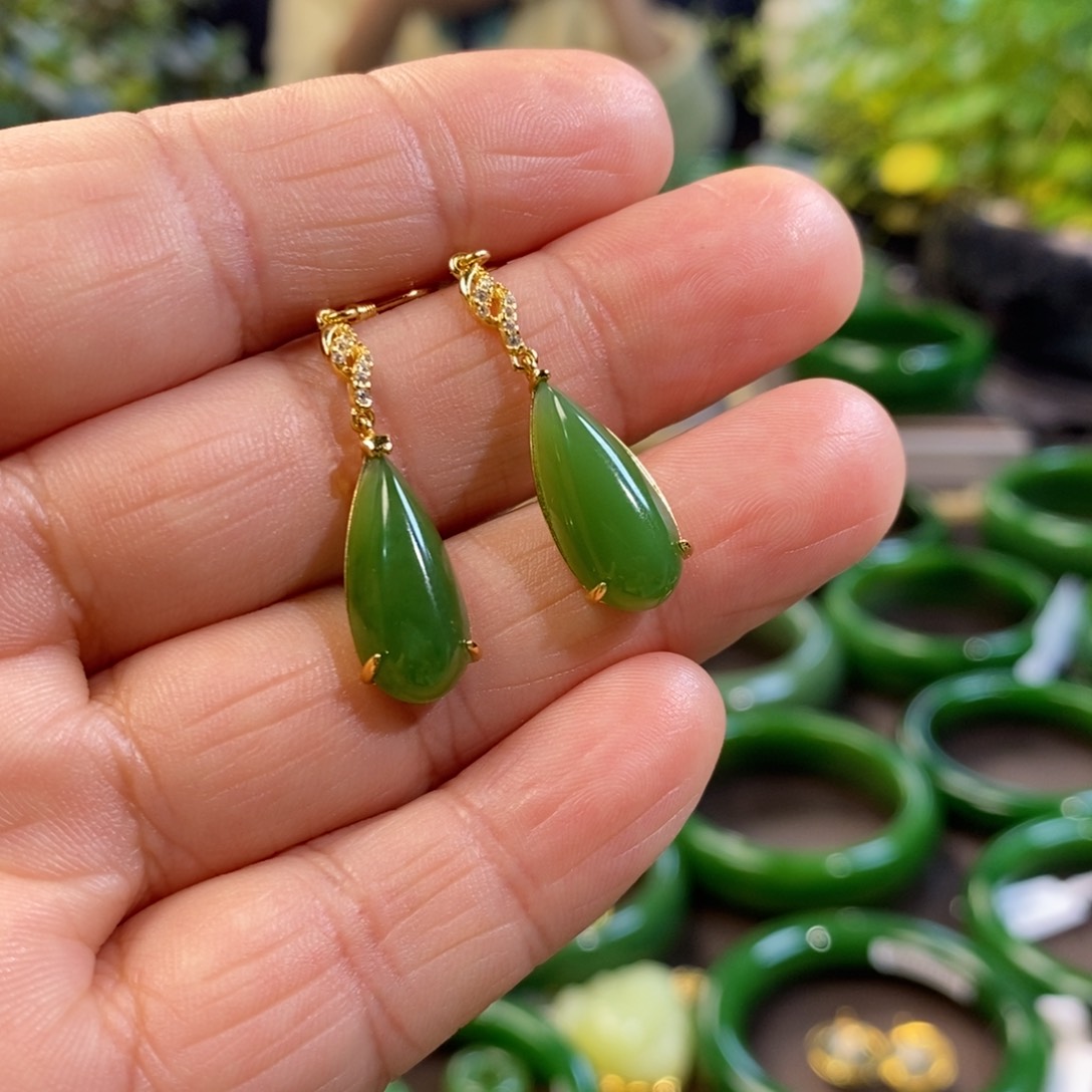 和田玉耳饰银S925镶嵌