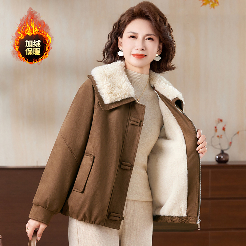 时尚冬季翻领纯色女加绒加厚皮毛一体外套宽松韩版秋冬百搭外套