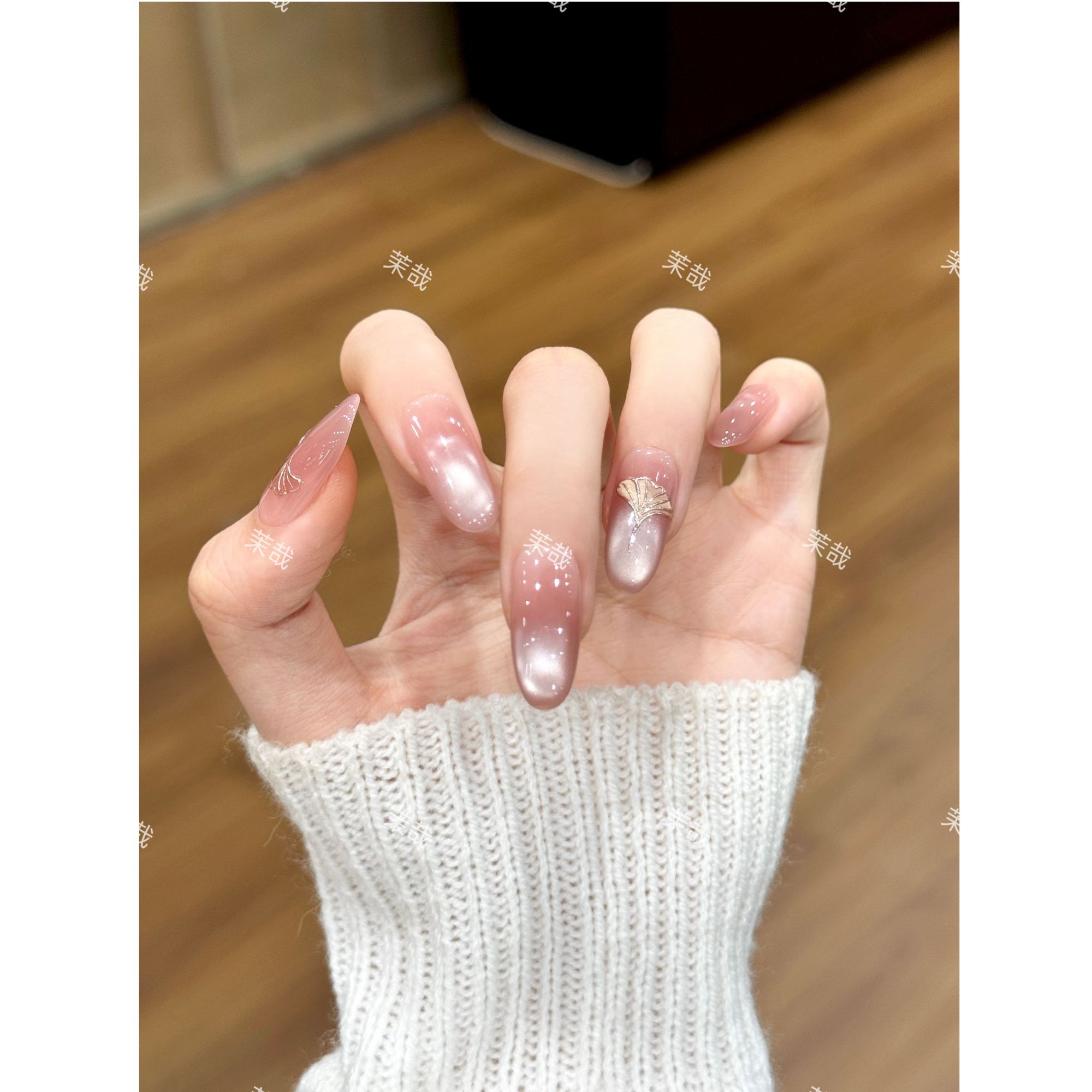 茉哉W现货【浅杏琉璃】纯手工定制美甲拆卸穿戴甲A5208