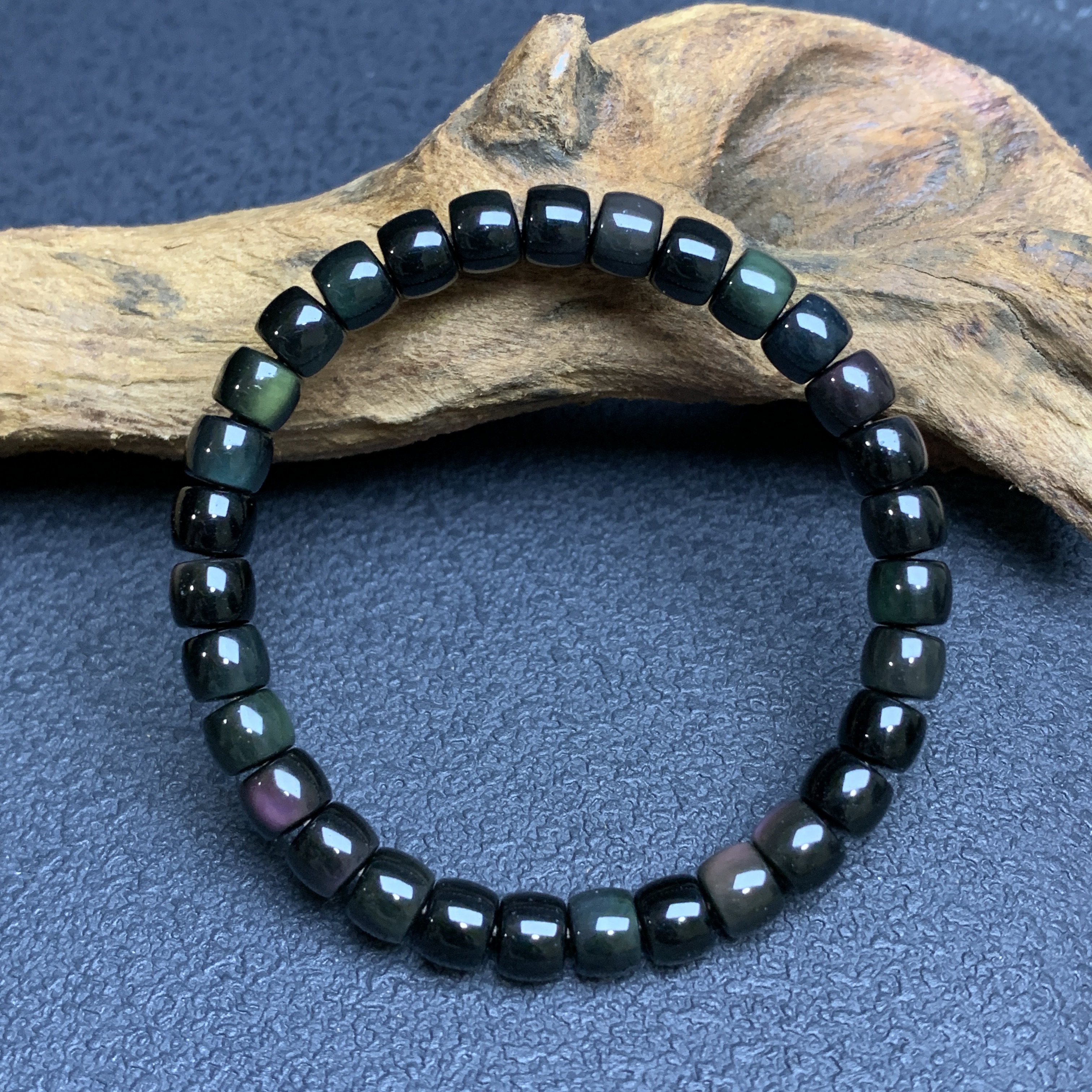 【金钰尚品】天然黑曜石彩色彩虹双眼精工直切手串7m黑带彩男女百搭
