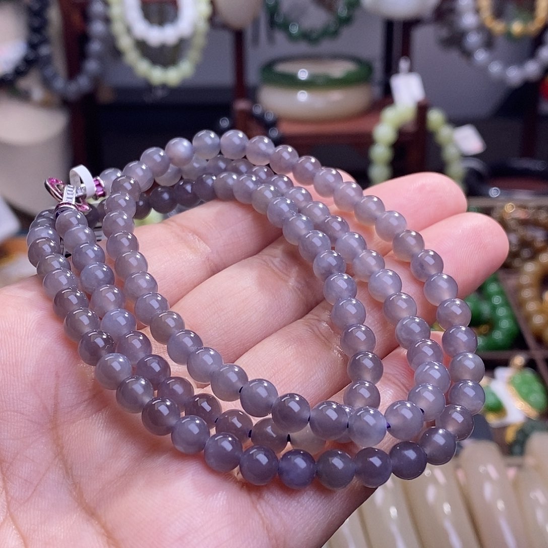 和田玉收藏级烟紫老矿料高冰浓紫圆珠珠链6m未镶嵌
