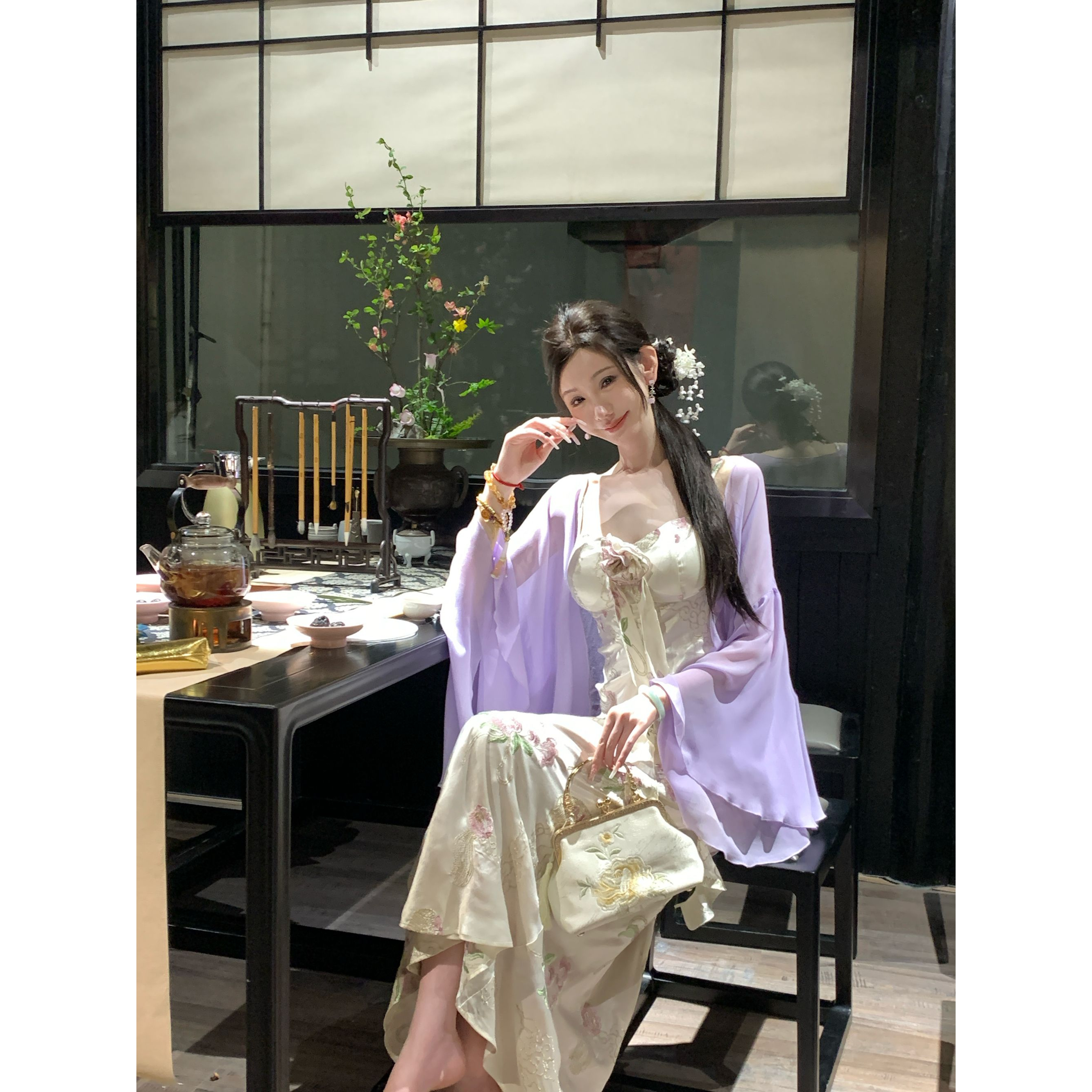 【雅乔定制】桃枝春色 桃花刺绣时尚吊带连衣裙DYYK-24122186