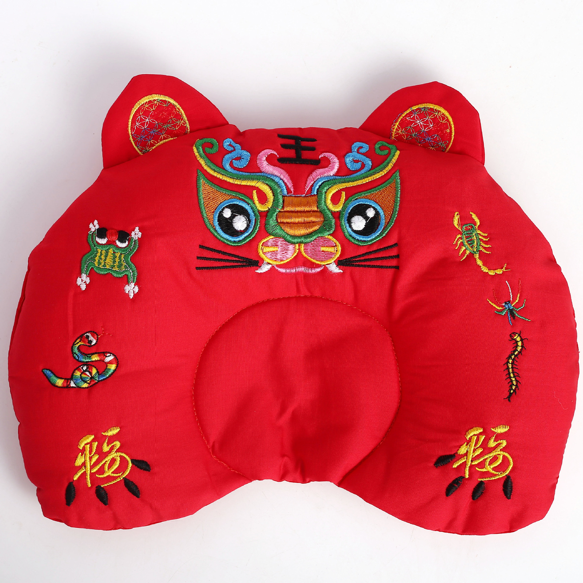 新生婴幼儿刺绣棉布U型老虎枕头 国潮风民俗双拉链内胆可调节高度