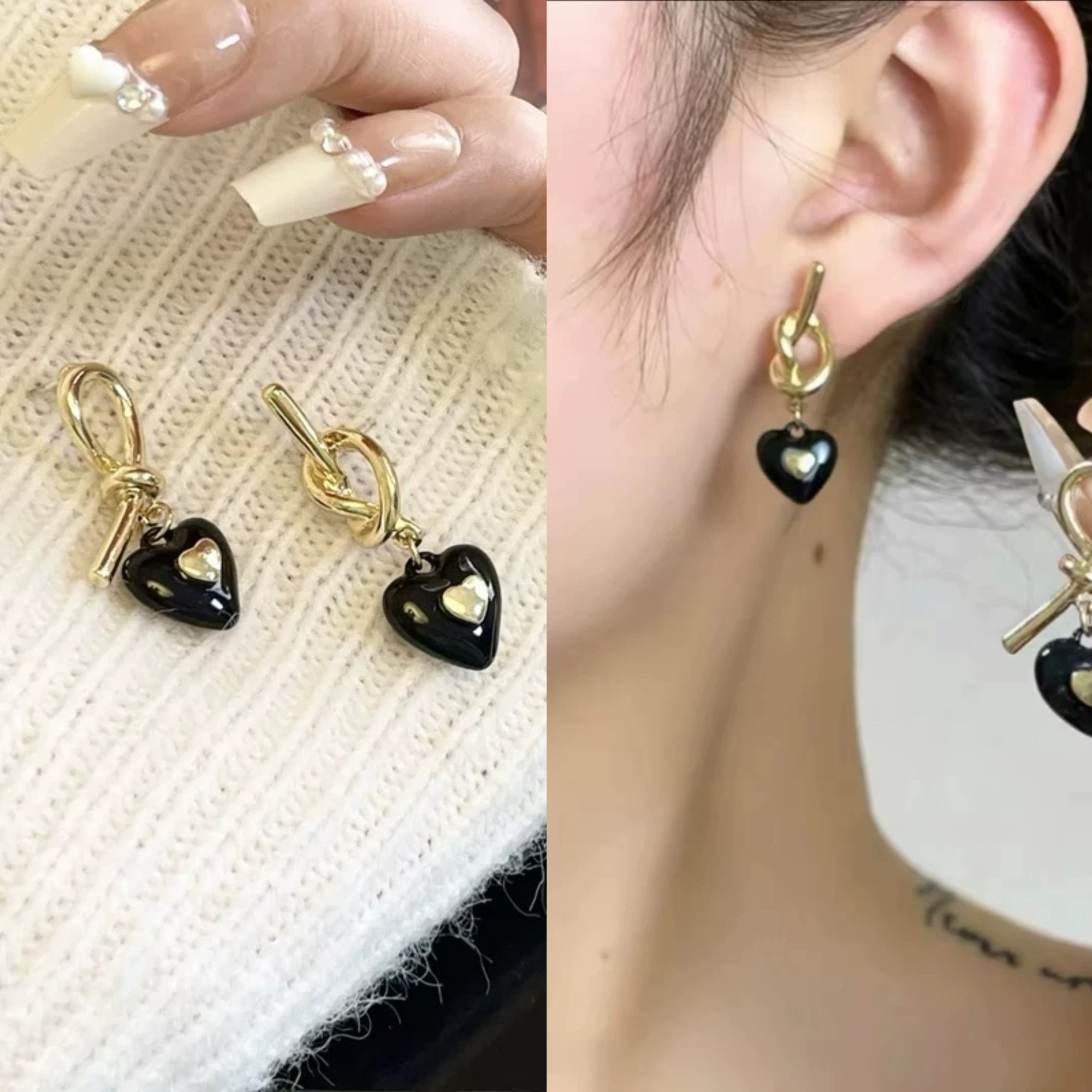无耳洞「黑桃爱心」不对称绳结黑色爱心耳钉日常无痛蚊香盘耳夹