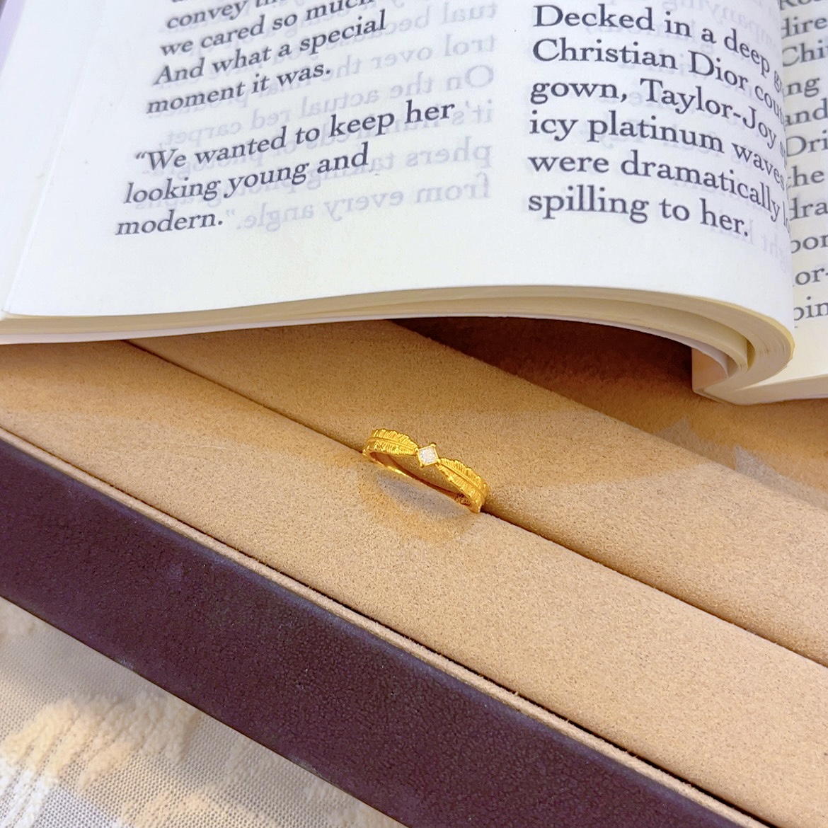 【琪琪专属】足金999 羽毛方钻戒指 6D工艺圣诞元旦礼物 双十二大促