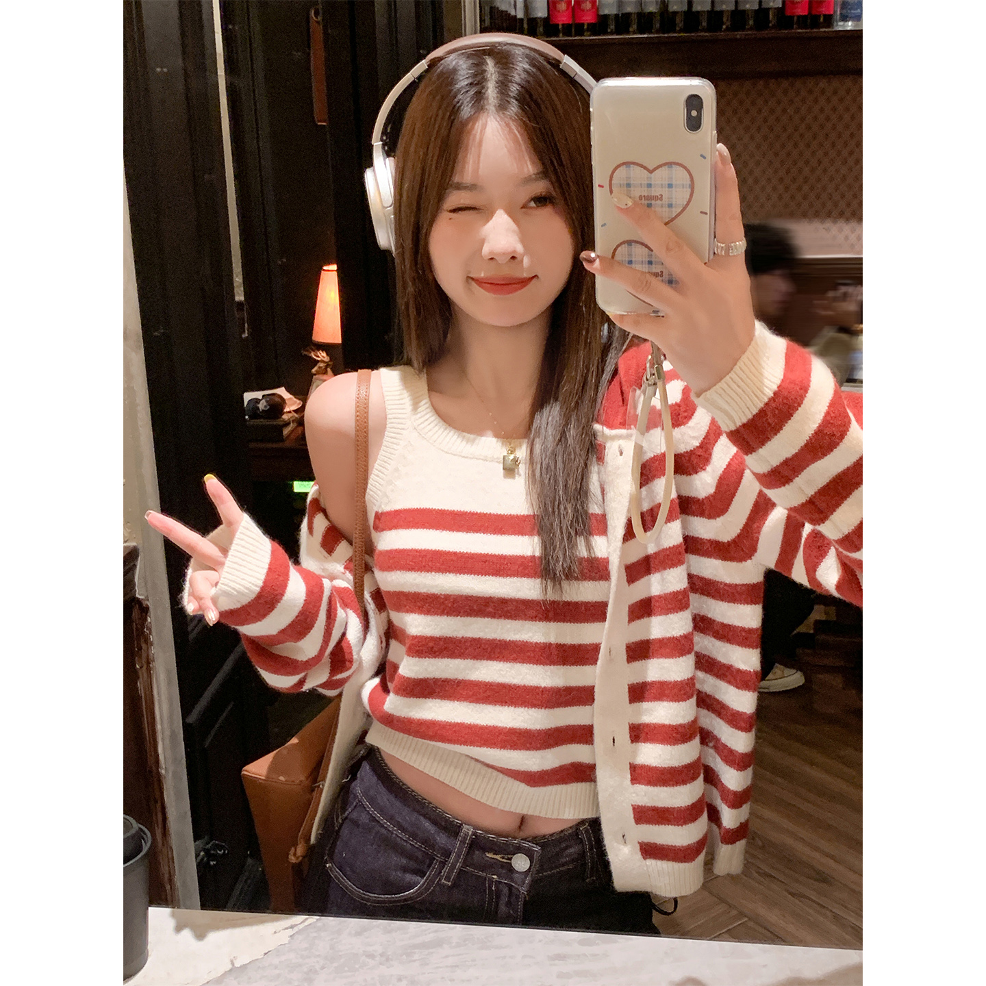 曾小咸韩系红色条纹针织开衫女秋冬连帽毛衣ZA54MZL1177-1