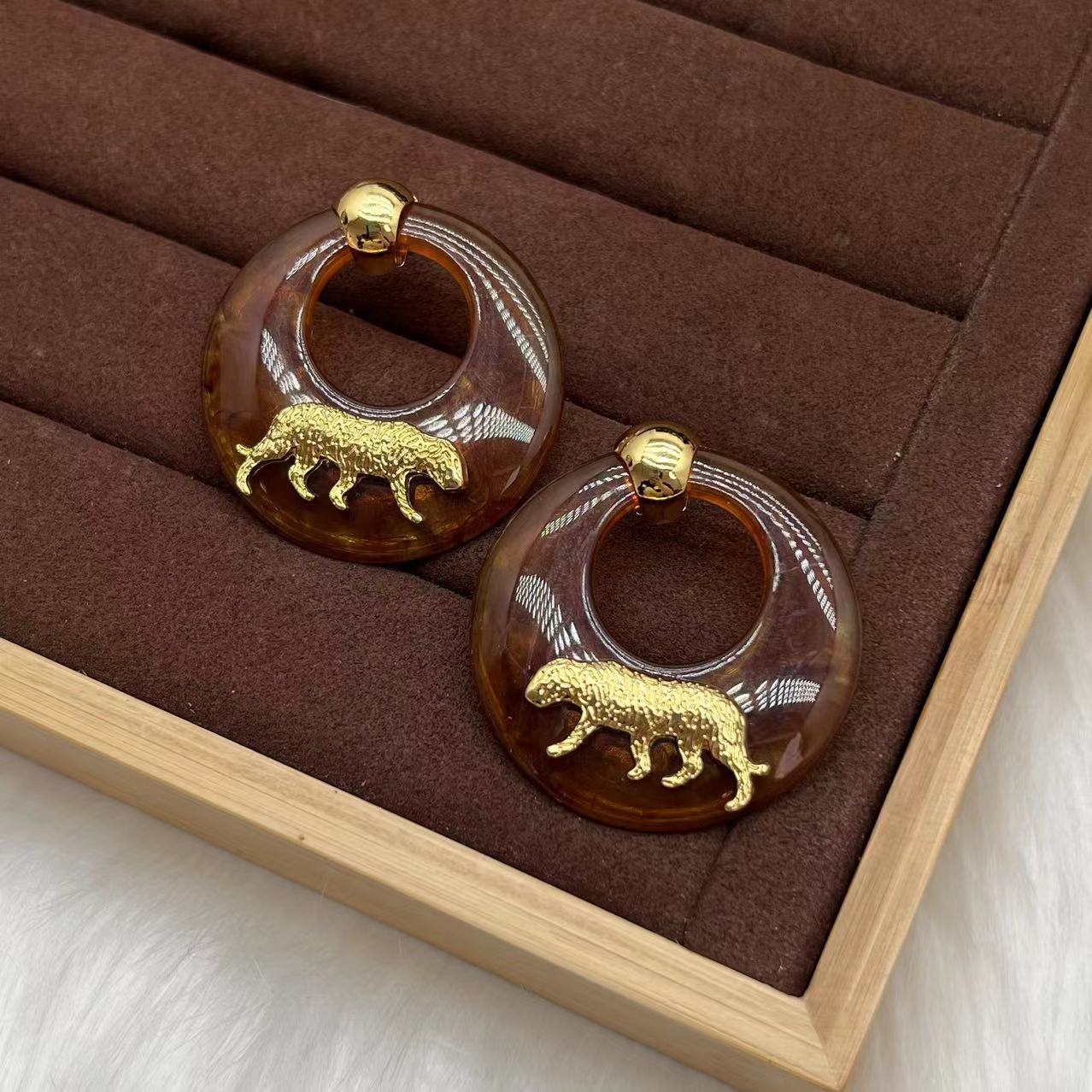 合金树脂耳饰 花笙（HS522）素款拼色日韩气质时尚法式豹子耳圈