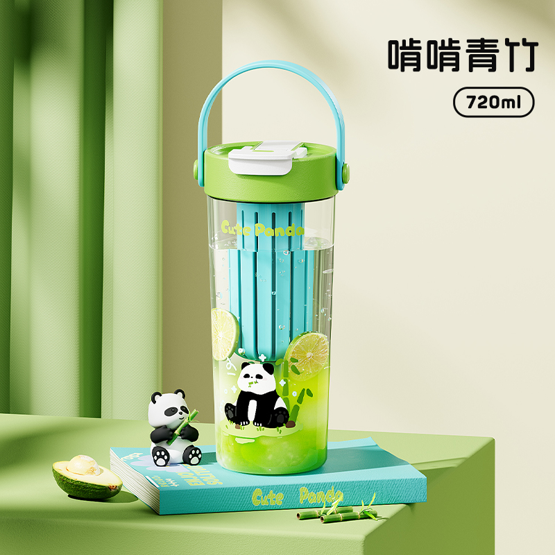 物生物吸管水杯耐高温防摔双饮杯熊猫派派塑料便携杯子女生随手杯