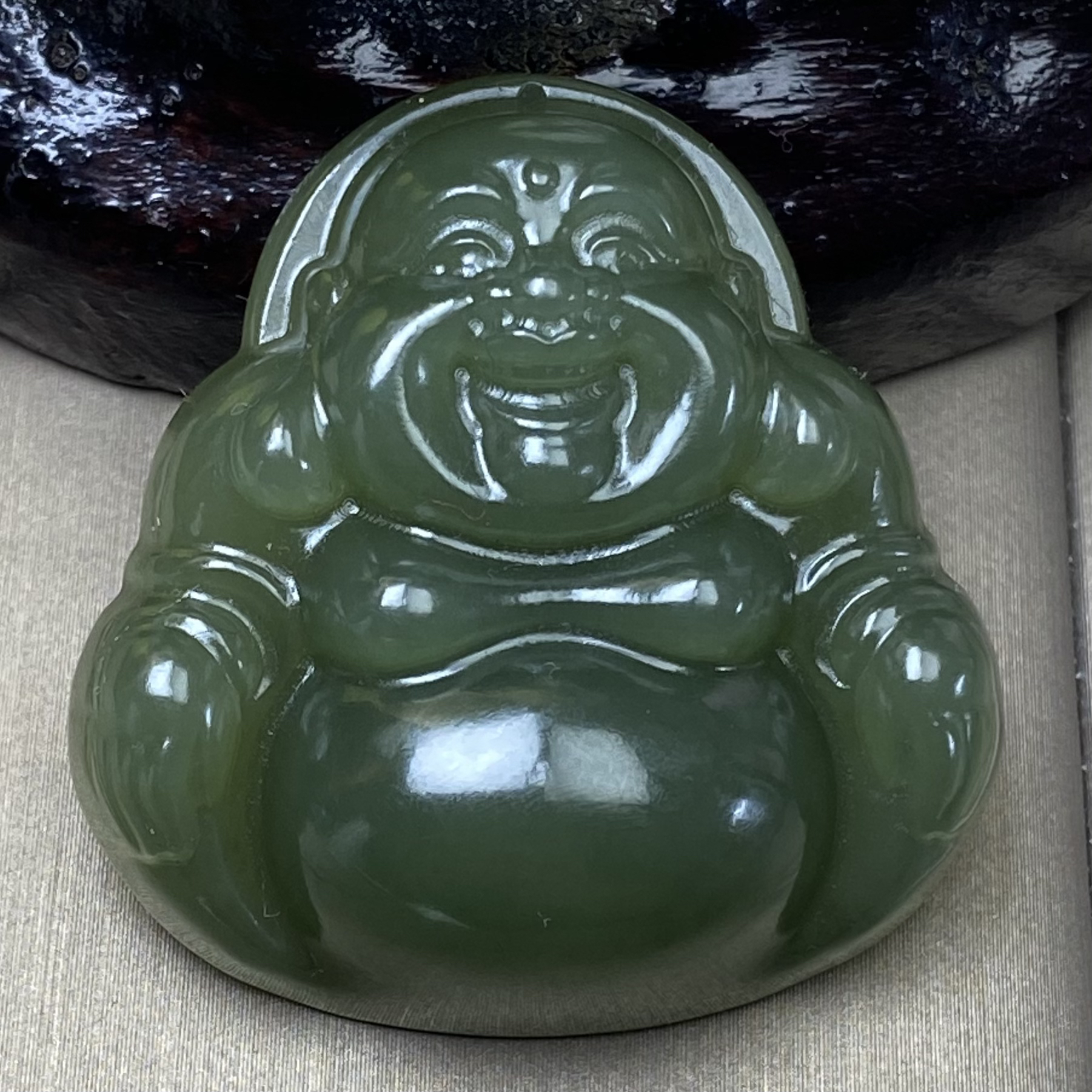 天然和田玉湖水绿佛公青海料35mm弥勒挂件吊坠精品一物一证过灯