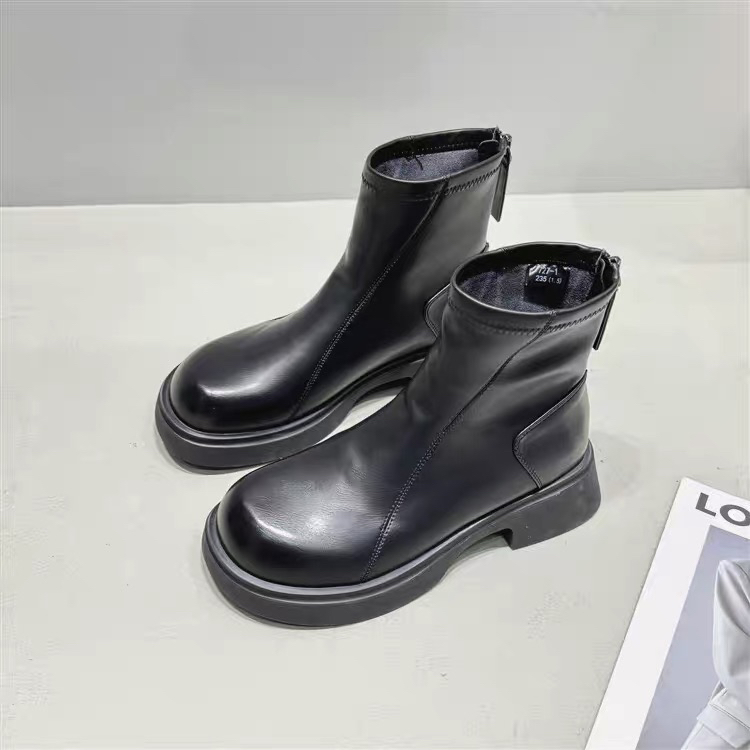 中跟法式黑色小靴子短靴优雅低跟后拉链