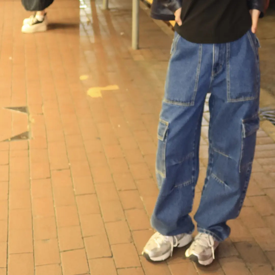 琴仔 蓝色多口袋工装阔腿休闲牛仔裤 9230