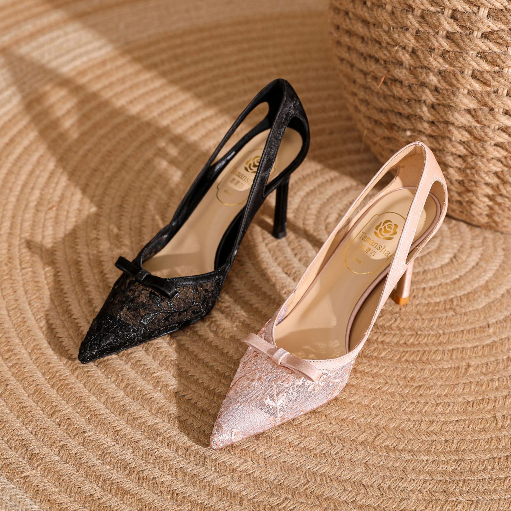 国风网纱高跟鞋新款手工单鞋气质时尚百搭法式尖头浅口高跟鞋