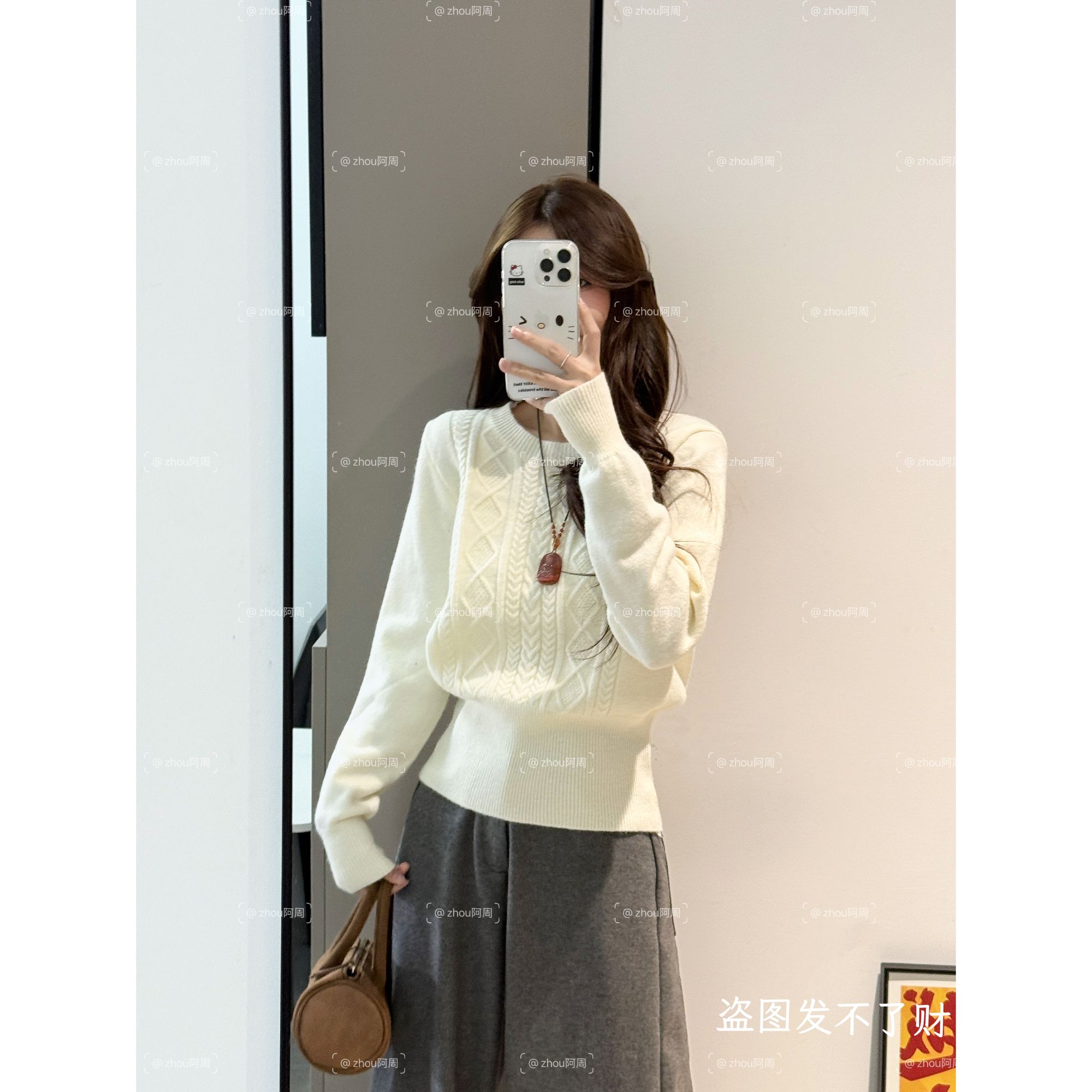 韩系甜美重工浮雕花纹理收腰显瘦圆领毛衣针织衫#WL1005