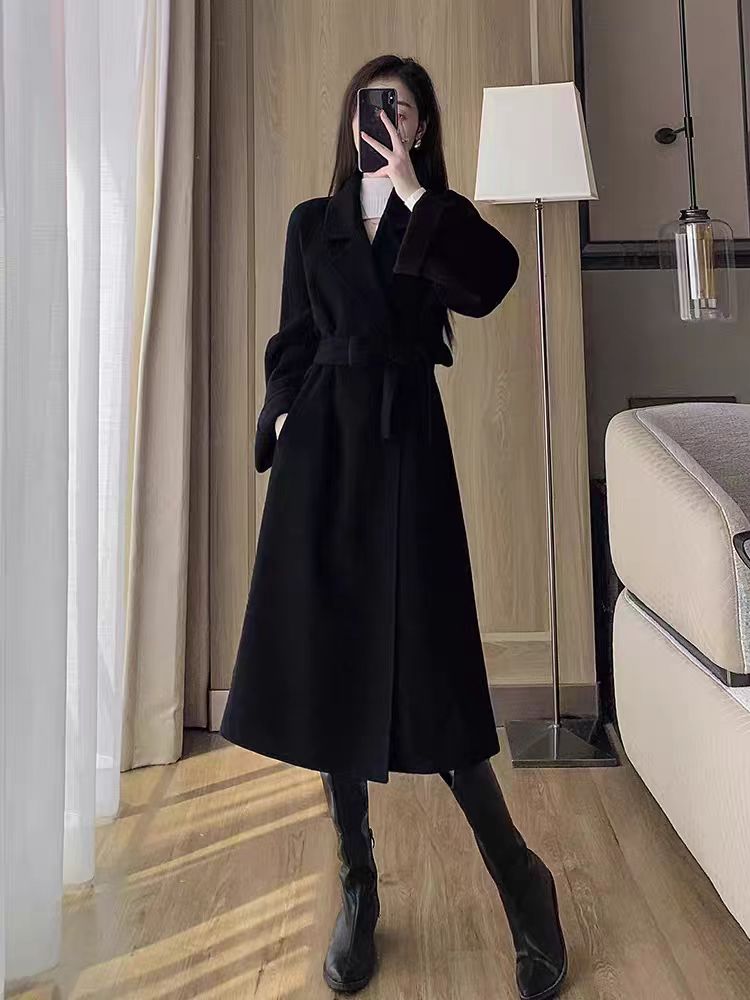 女长款毛呢外套黑色收腰大衣毛呢气质外套日显瘦小个子秋冬网红