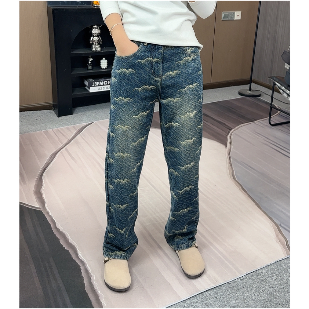 美式复古提花水洗牛仔裤男士秋季新款潮牌海浪纹高级感宽松直筒裤