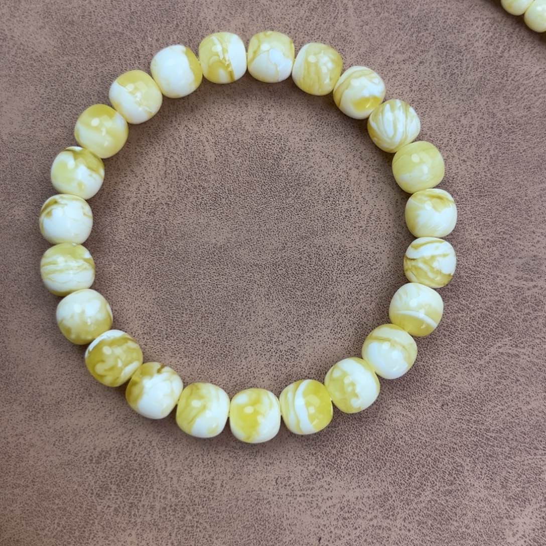 蜜蜡未镶嵌手串纯天然俄料金瓷白花虎皮9.5*9腕口18+