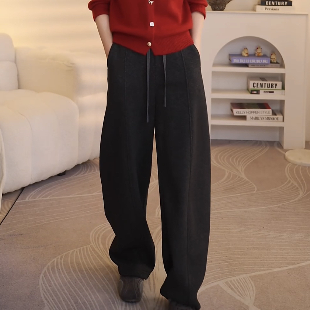 冬季加绒加厚老钱风保暖微弹弯刀裤休闲抽绳毛呢阔腿裤289/7127