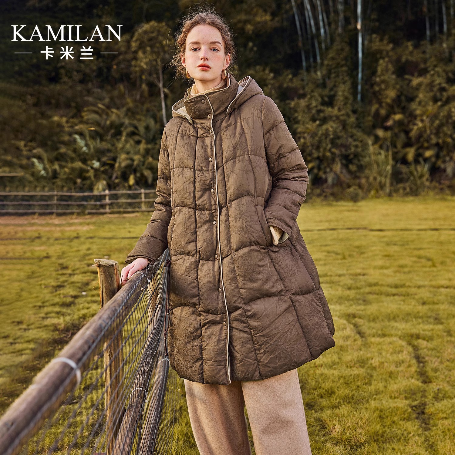 [鹅绒服]卡米兰白鹅绒羽绒服女2025冬季新款中长款羽绒外套连帽