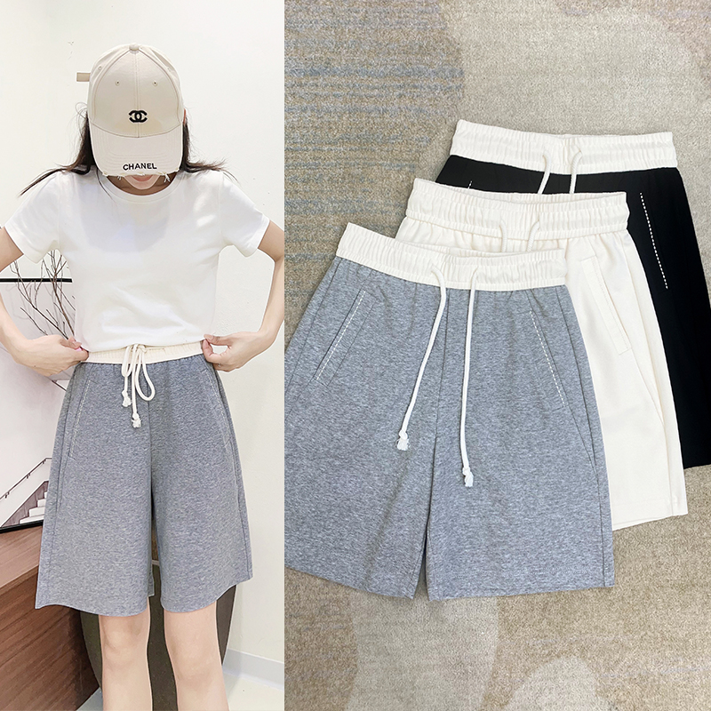 灰色运动短裤女薄款高档天丝艾草大码显瘦爆款松紧腰五分阔腿短裤