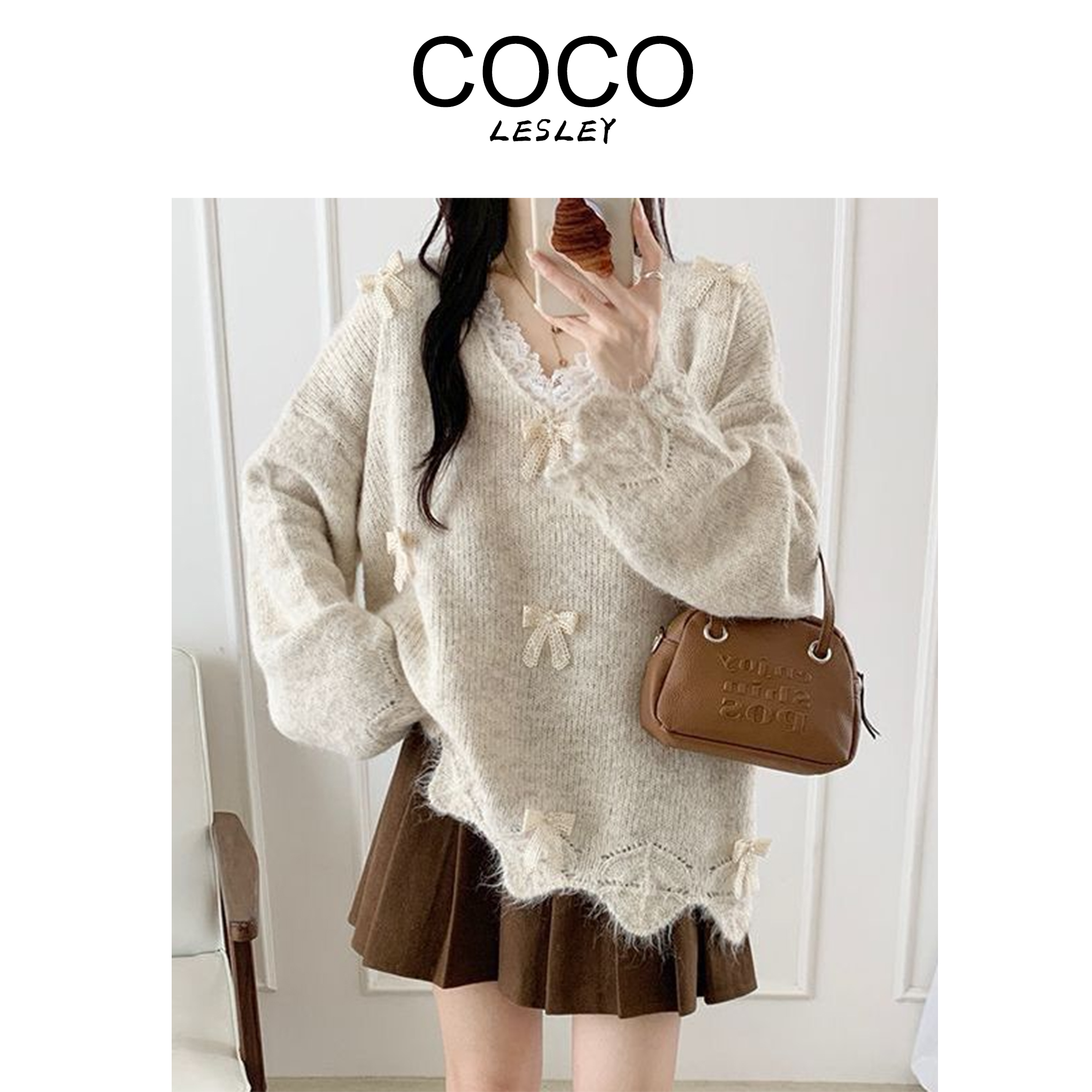 【COCO LESLEY】蝴蝶结蕾丝慵懒风毛衣针织衫女立体外套宽松秋冬