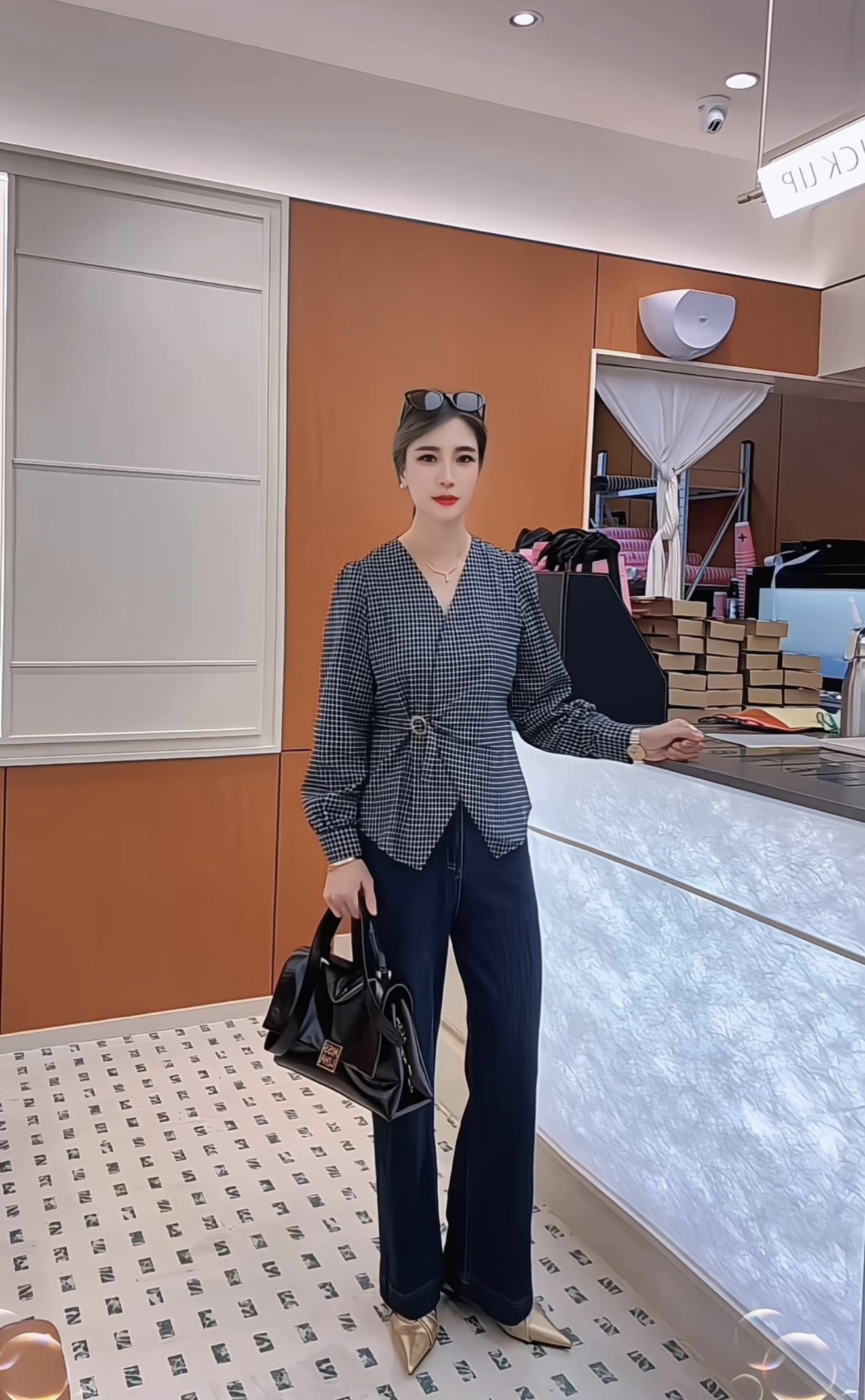 F-7605 秋季新款上衣法式格子长袖随意收缩女士透气舒适V领修身