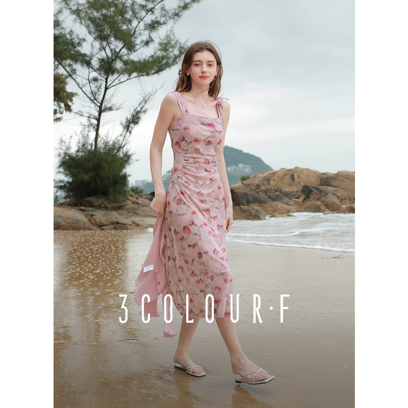 【芋总专属】三彩独醒2025春季新款网纱印花吊带裙方领收腰A字dbx