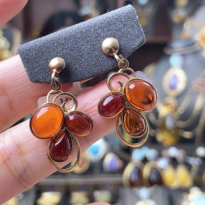 琥珀耳饰银S925镶嵌耳环