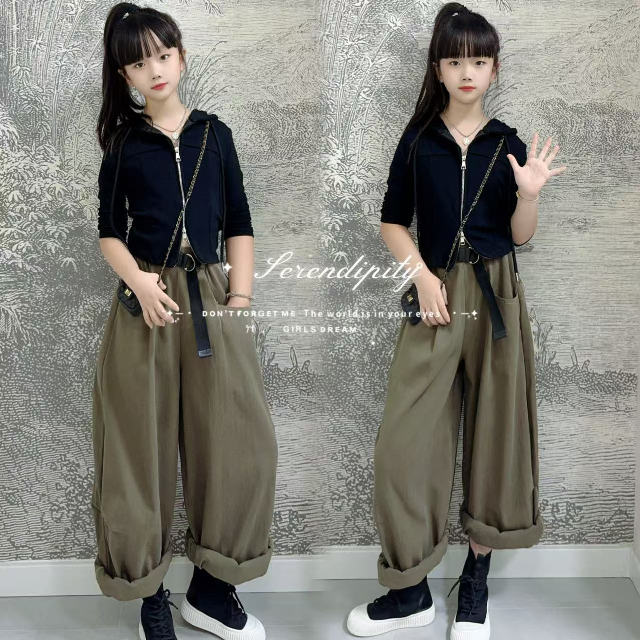 女童春秋季工装裤套装2025新款潮酷女大童秋装儿童韩系卫衣阔腿裤