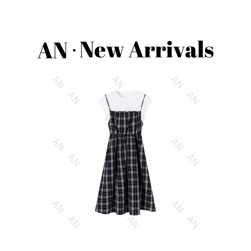 C04350新款复古减龄出游小个子拼接假两件格子连衣裙