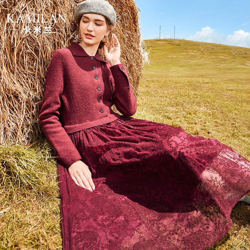 卡米兰复古长袖拼接连衣裙女2023秋新款中长款高腰A字裙