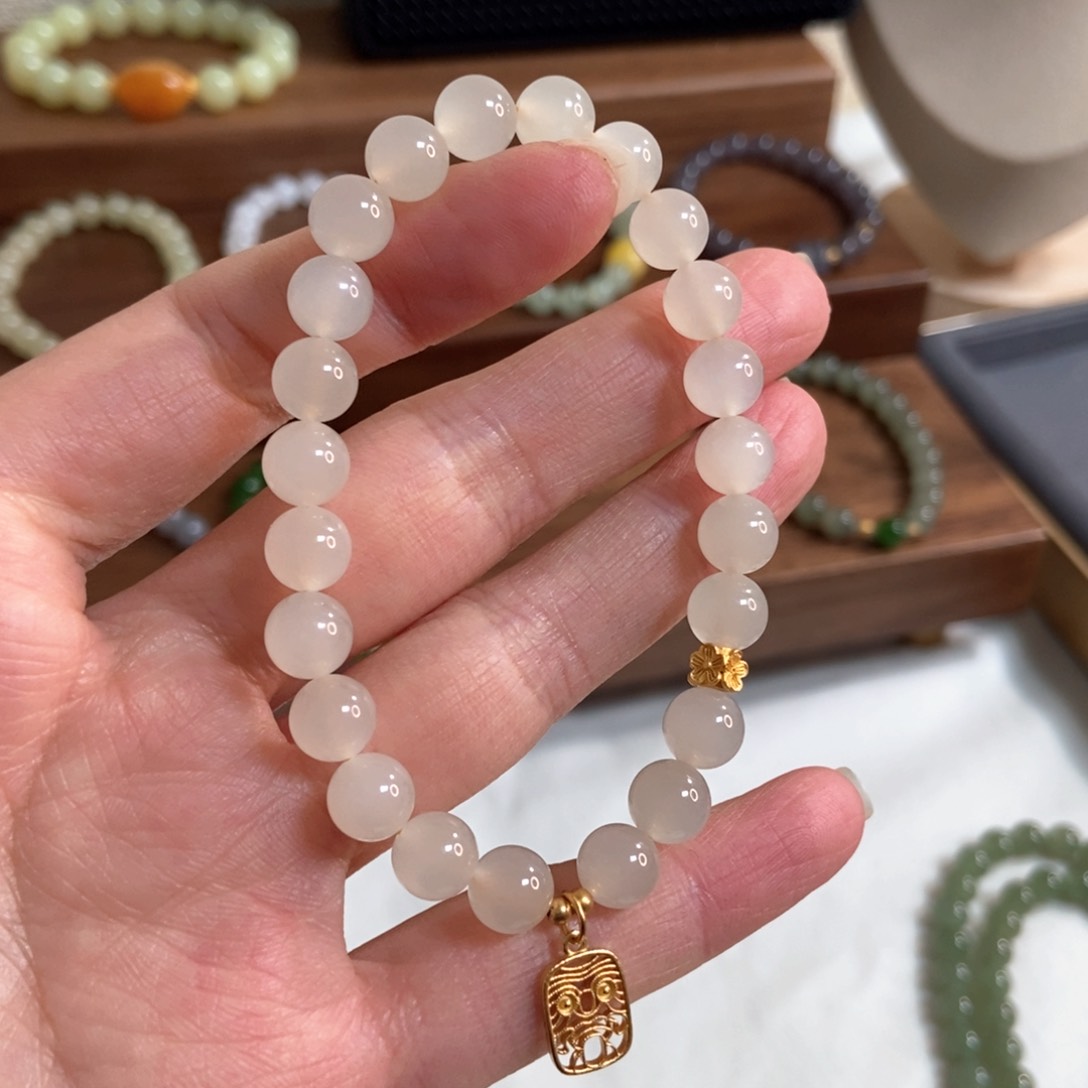 和田玉手链银S925镶嵌蜂蜜水8mm高冰底