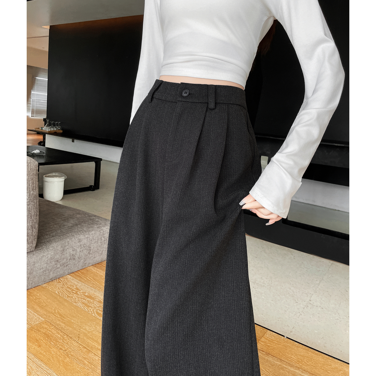 TONLION唐狮秋冬休闲长裤女毛呢宽松竖纹脚口阔腿裤直筒裤超好看