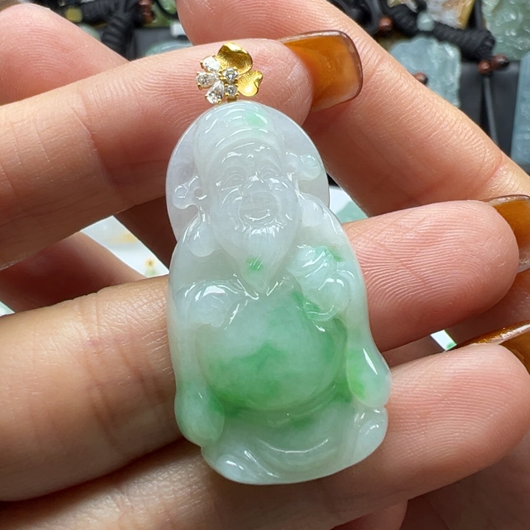 翡翠18K金镶嵌颈饰财神