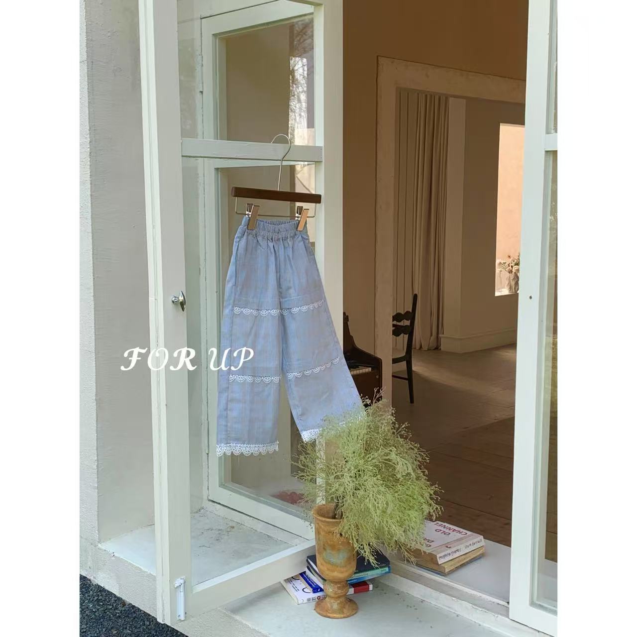 【现货】252-FU-85098鸢尾蓝[FOR UP]法式卡蜜拉格纹花边拼接九分裤