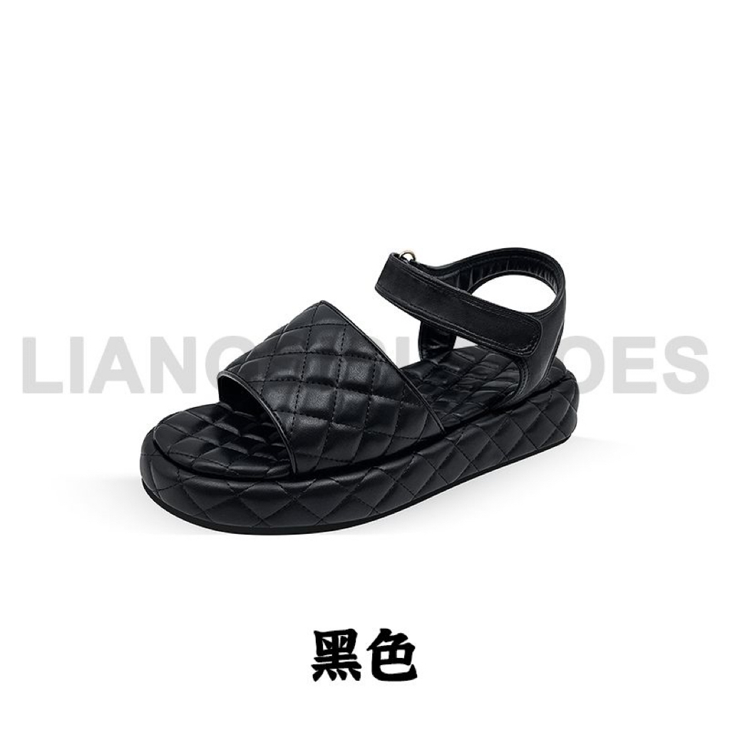 夏季女士休闲百搭时尚透气魔术贴小香风露趾一字凉鞋-HT717