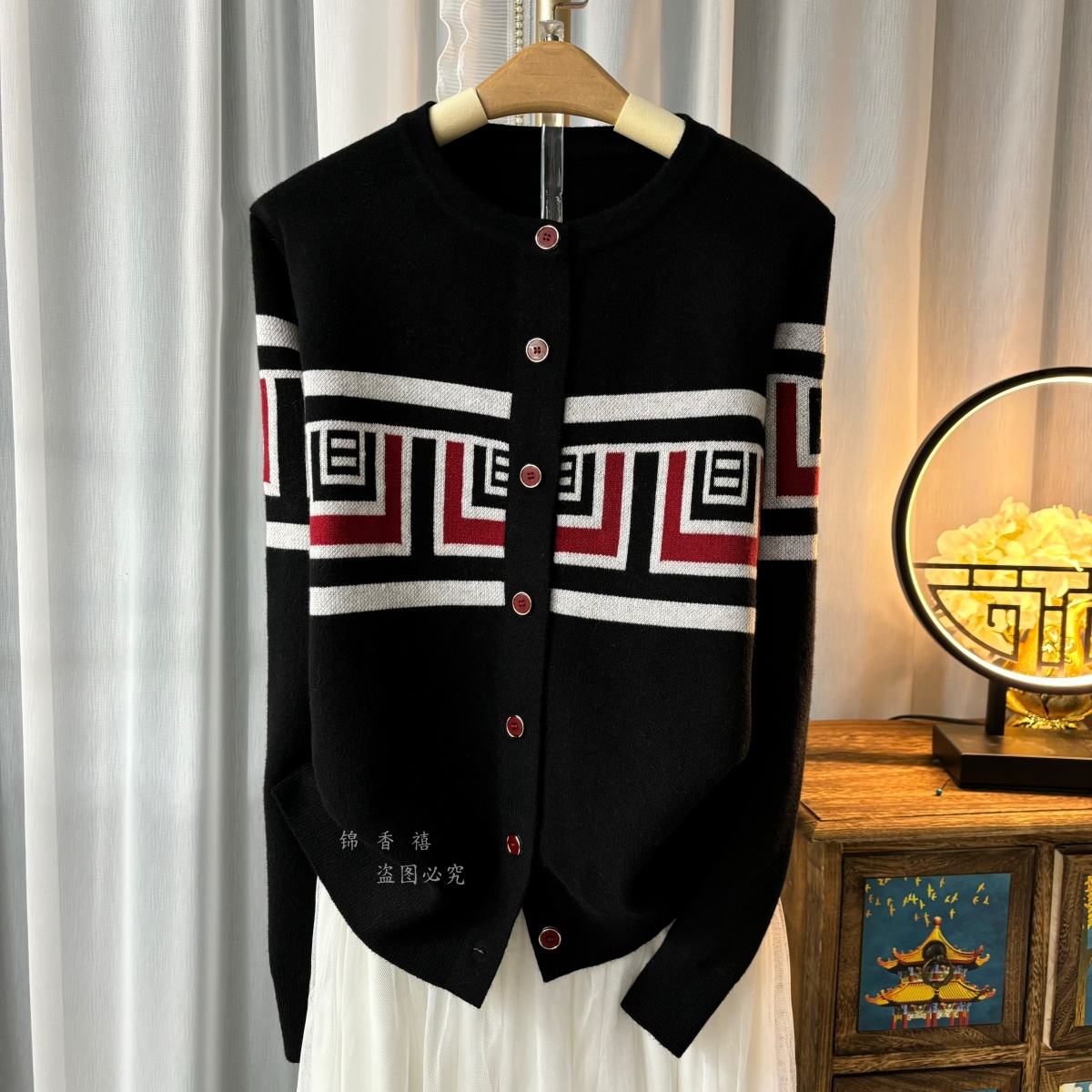 【V50-红芬笛】欧货撞色提花时尚针织衫开衫毛衣外套