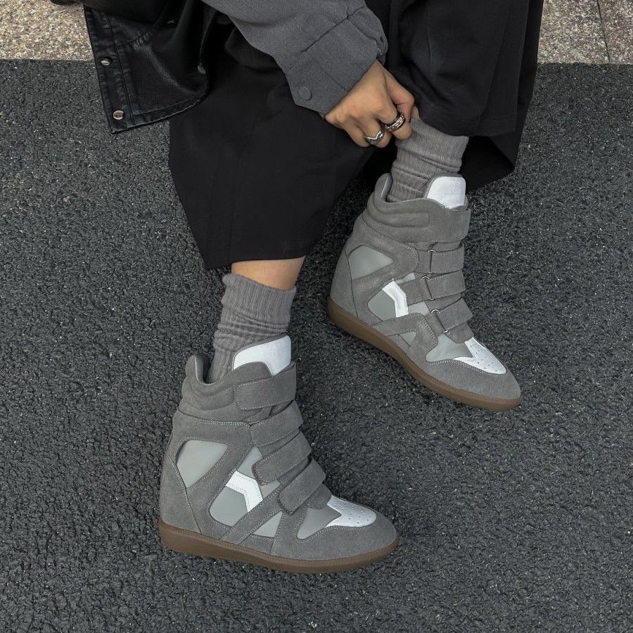 581-1 复古高帮鞋女ins潮2025秋磨砂皮拼色厚底板鞋休闲短靴