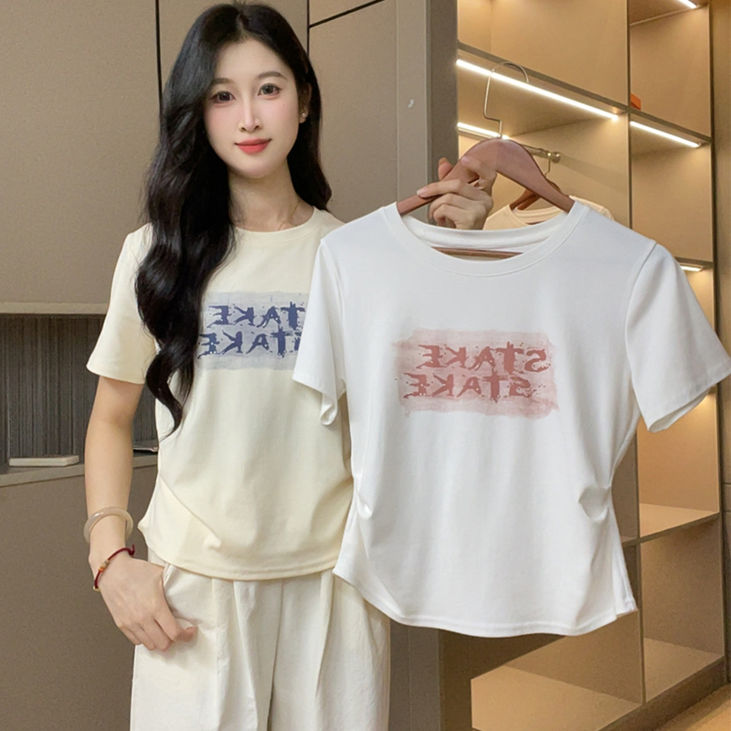 收腰显瘦字母印花短袖T恤女夏季新款百搭上衣2025设计感螺纹棉