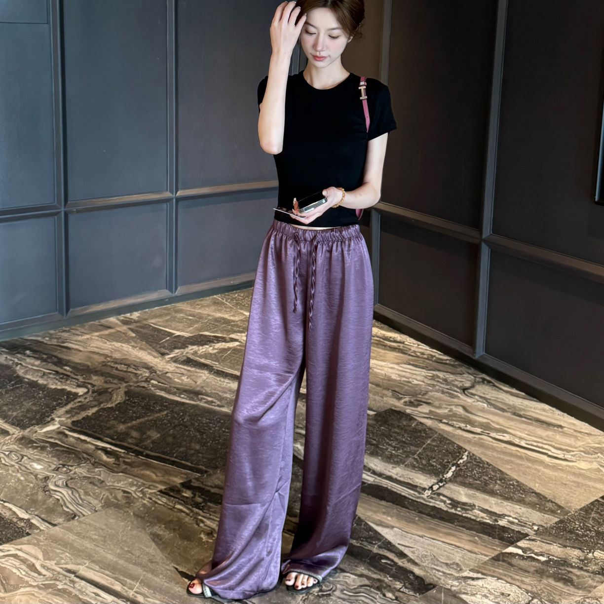 【Meng服饰】夏季醋酸缎面高腰显瘦垂感直筒阔腿裤洋气休闲百搭