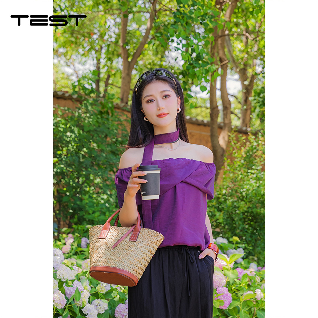 湖南她之蝶 25 夏 1252114修身短袖极简风一字领衬衫上衣夏季洋气