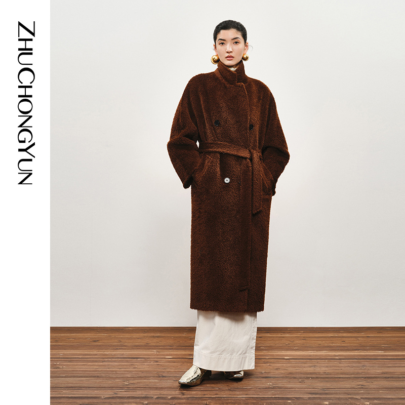 ZHUCHONGYUN秋毛羽肌理宽松直身配腰带羊毛混纺大衣外套C1EG3514D